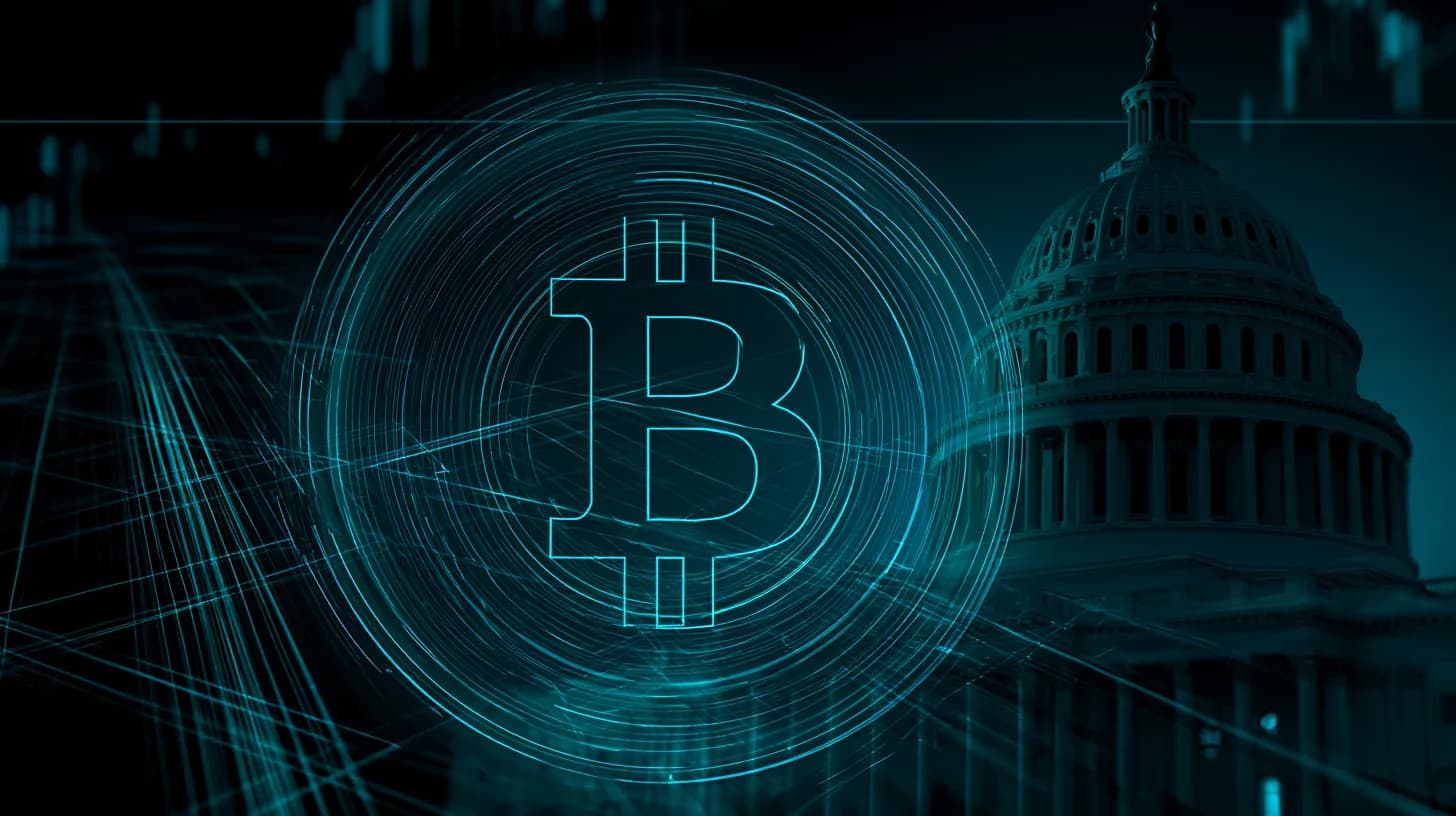Bitcoin logo overlaid on U.S. Capitol dome with trading chart grid, illustrating BTC at $82,000 on Clarity Act news