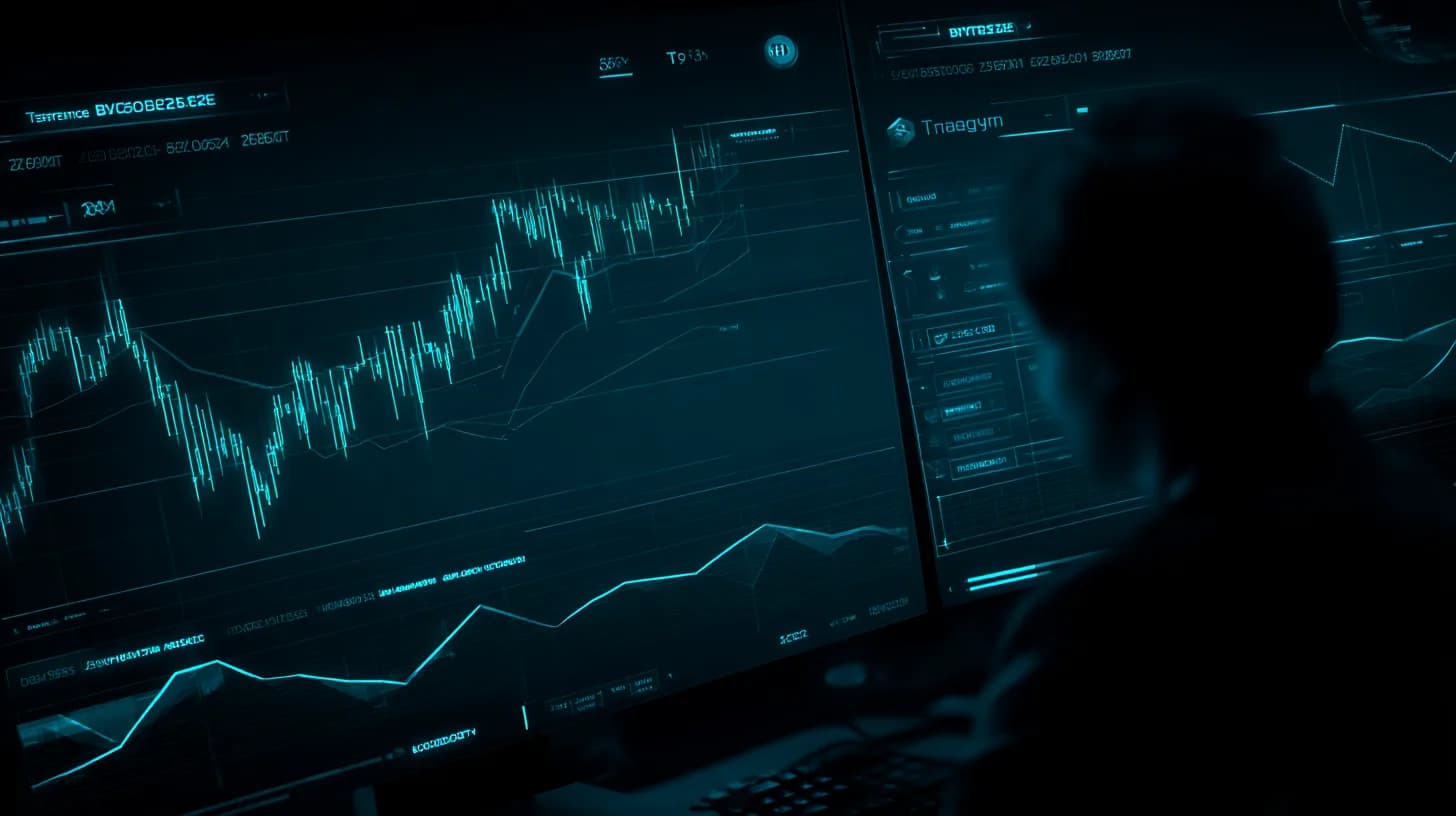Trader watches Bitcoin chart on monitor showing social media sentiment surge near $90,000 prediction level