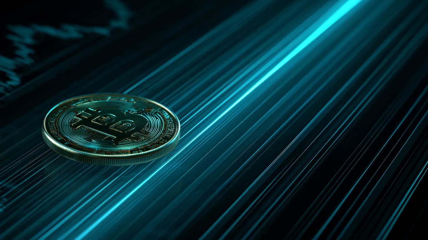 Bitcoin coin on dark trading desk with faint ascending channel chart lines projected behind it