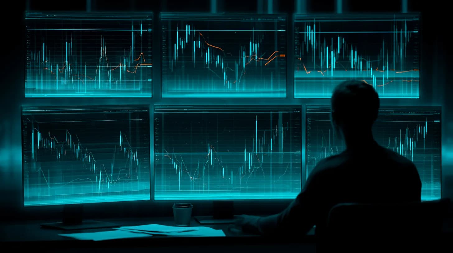 Trader at a dim newsroom desk monitoring Bitcoin charts near $73,300 support