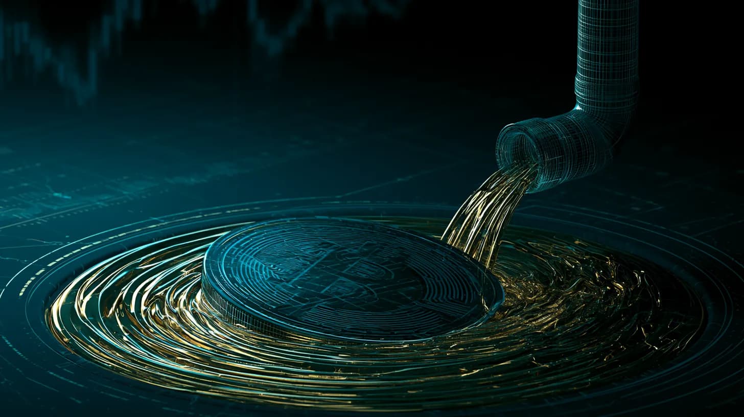 Bitcoin coin draining into a pipe shaped like an ETF ticker, symbolizing $1B in spot BTC ETF outflows