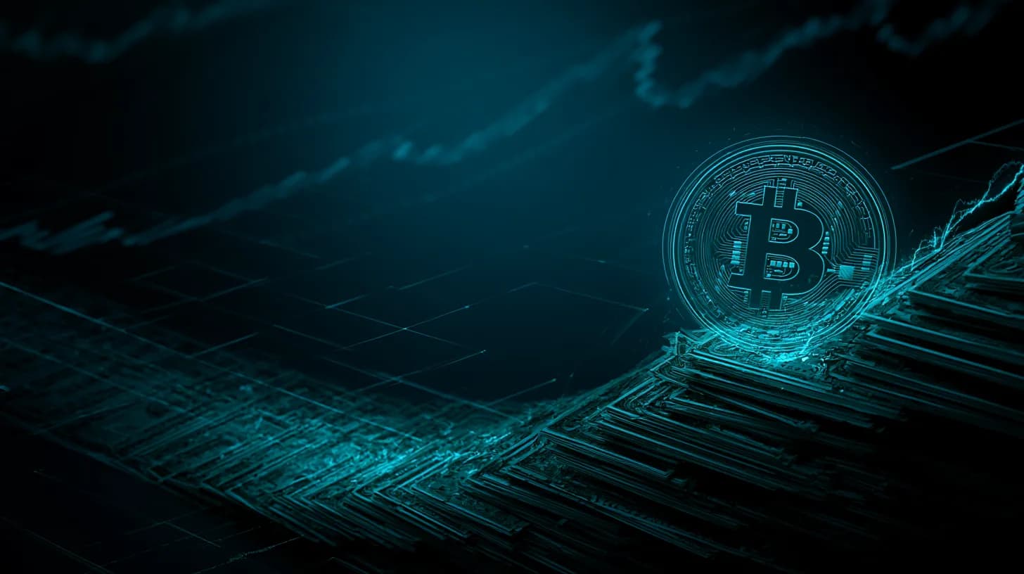 Bitcoin coin balanced on a descending staircase of dollar bills with candlestick chart shadows in the background