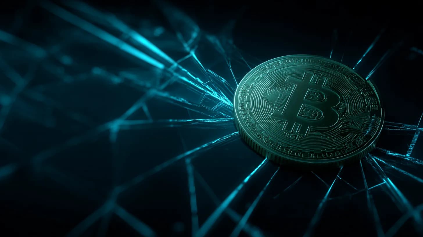Gold Bitcoin coin steady against fractured geopolitical backdrop in deep red and slate blue