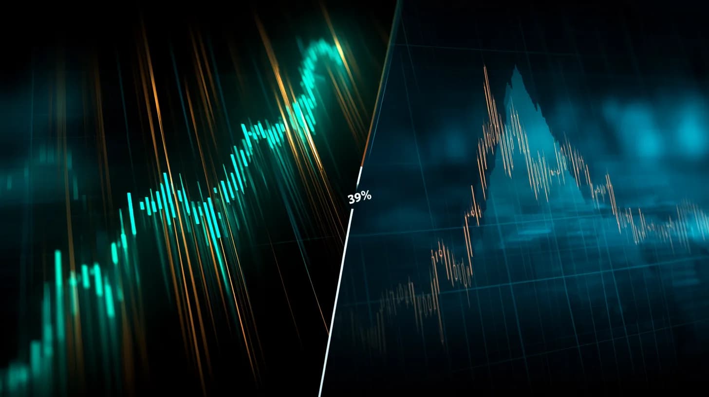 Split chart showing S&P 500 near record high while Bitcoin trades 39 percent below October peak