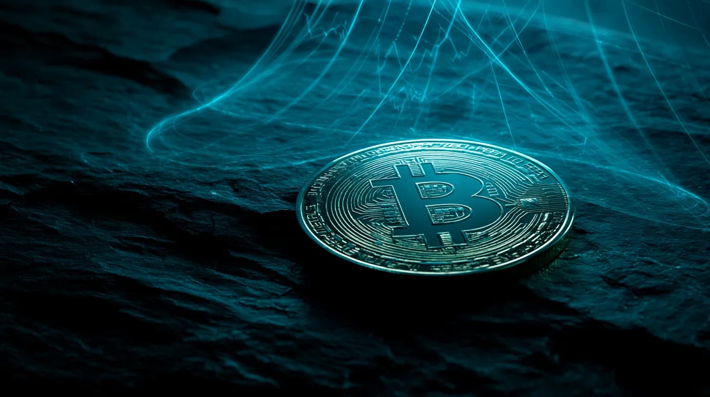 Bitcoin coin on dark slate with faint blue chart lines rising behind it, signaling long-term holder accumulation