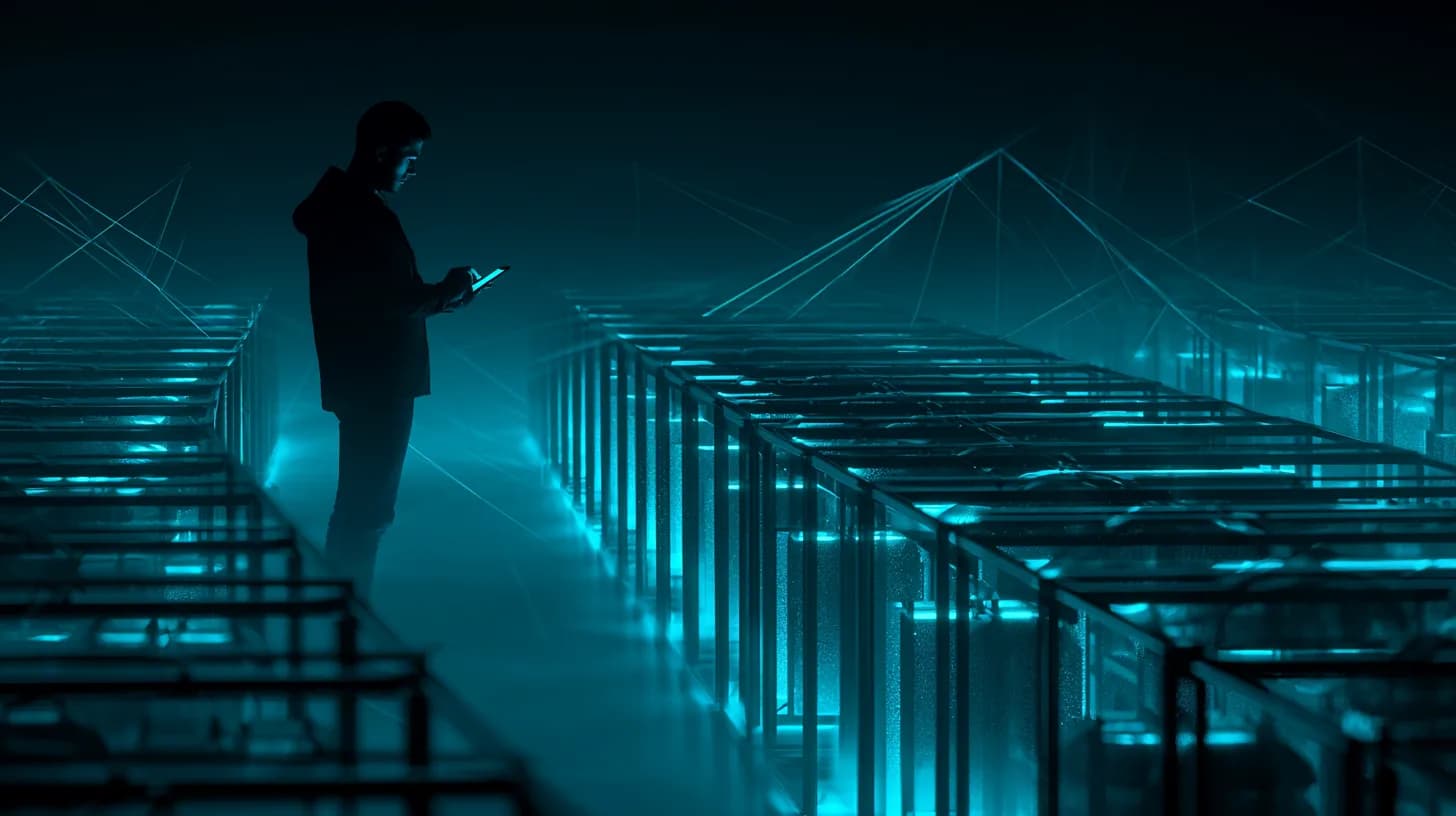 Industrial bitcoin mining facility with rows of ASIC machines and a lone technician walking the aisle at dusk
