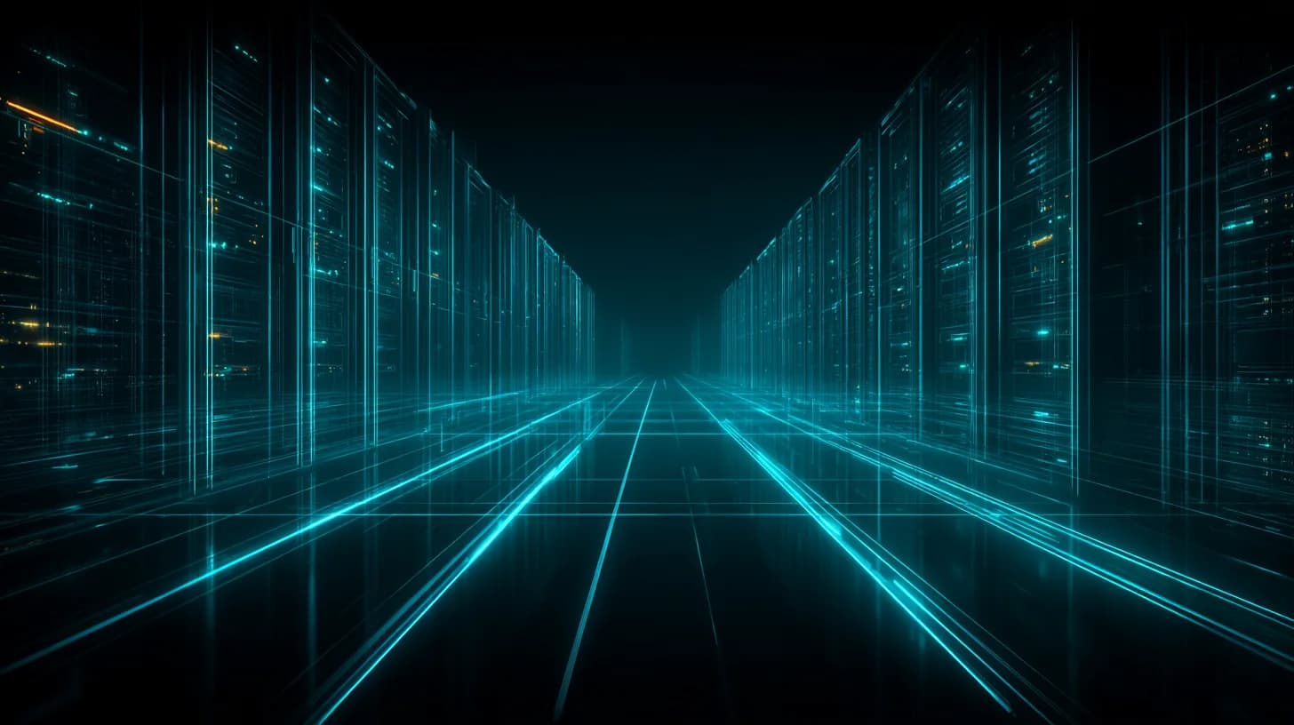 Industrial data center split between orange-lit Bitcoin ASIC racks and blue-lit AI GPU servers