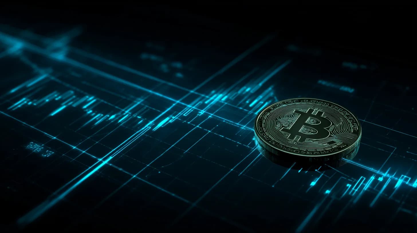 Bitcoin coin on a trader's desk lit by candlestick chart glow, evoking a key resistance test