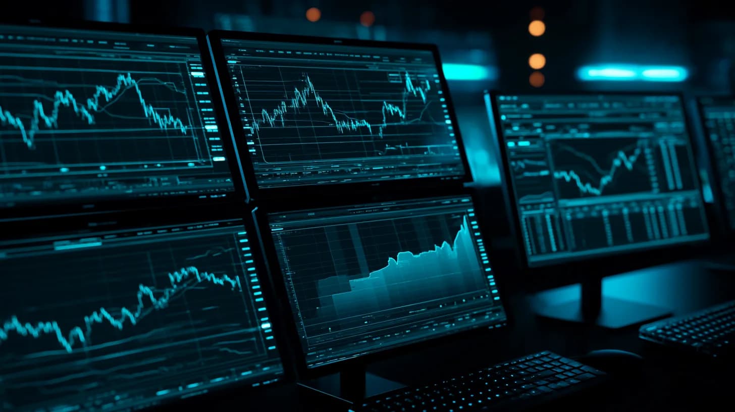 Trading floor monitors displaying Bitcoin price retesting $82,000 support with open interest chart spiking, photorealistic…
