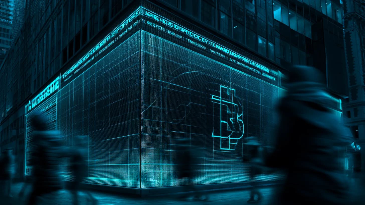 Nasdaq MarketSite tower at blue hour with bitcoin logo and options ticker on its LED facade
