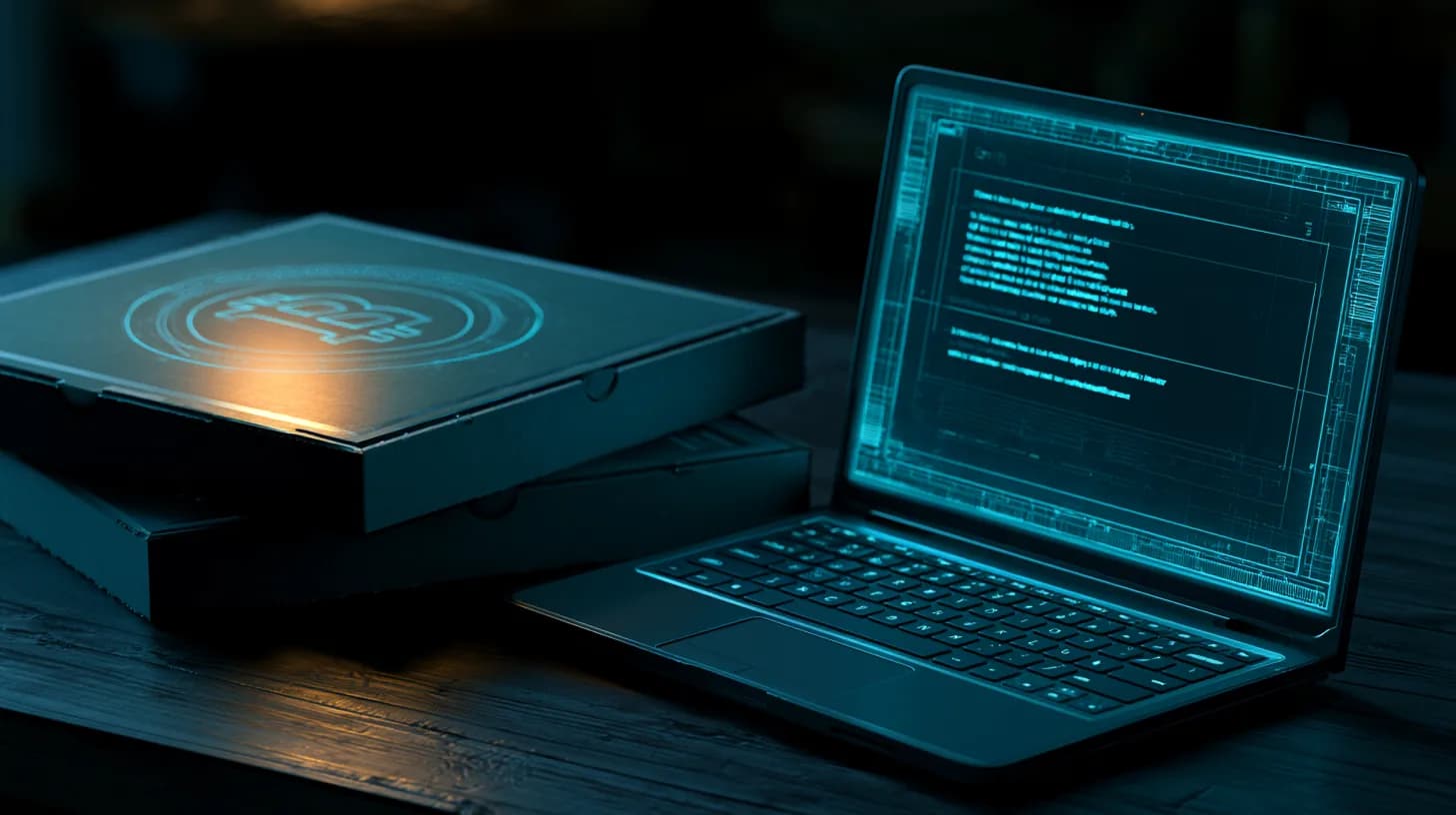 Two pizza boxes next to a vintage laptop displaying a Bitcoin forum thread, marking Bitcoin Pizza Day.