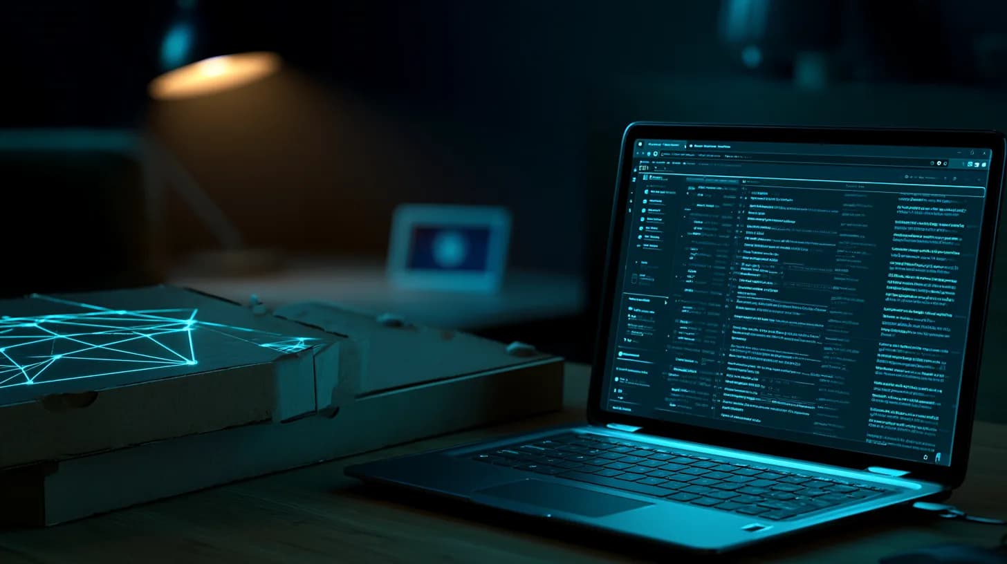 Two pizza boxes beside a vintage laptop showing a forum thread, with a blurred national flag photo in the background