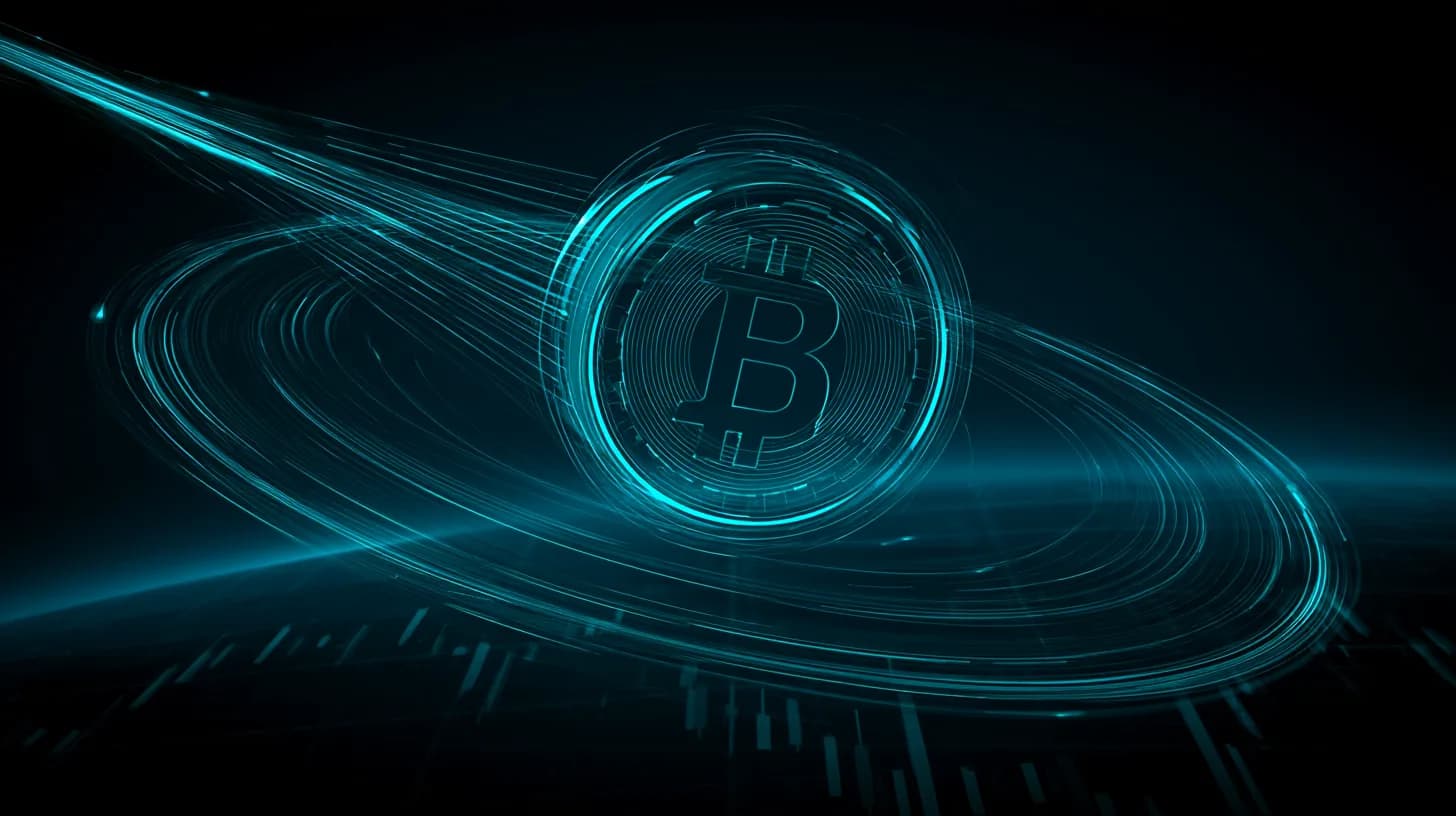 Bitcoin coin alongside a rising rocket trail with a candlestick chart in the background, illustrating SpaceX's entry to the…