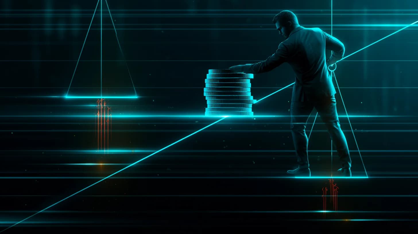 Illustration of a balance scale with a Strategy-branded BTC stack on one side and ETF outflow arrows on the other…