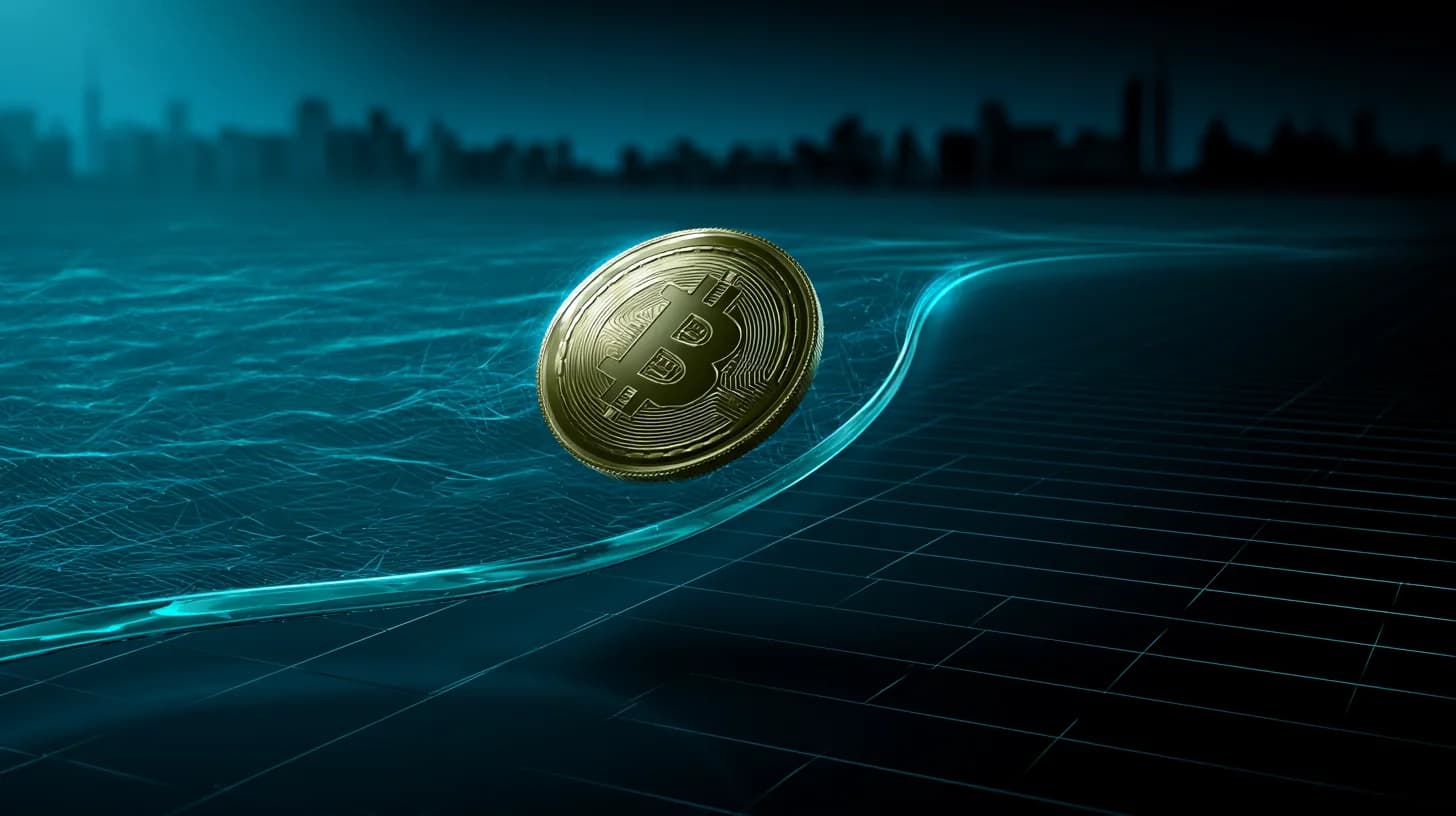 Golden Bitcoin coin ascending a glass curve over a dark grid, editorial supercycle illustration