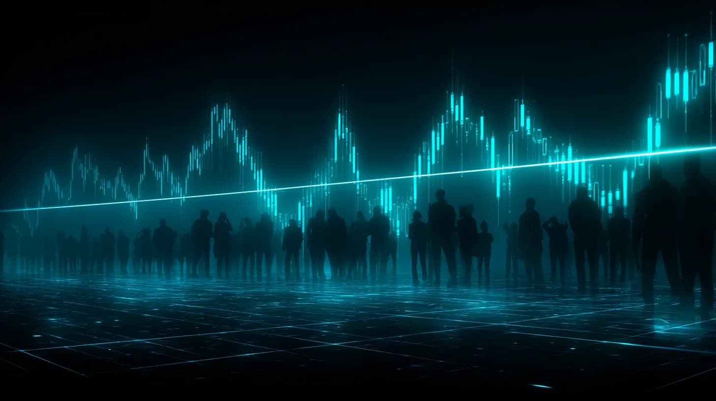 Bitcoin candlestick chart pressing into glowing $80,000 resistance line on a trading floor LED wall