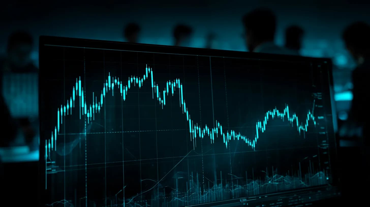 Red weekly Bitcoin candlestick chart showing 20% drop to $59,130 displayed on a trading floor screen