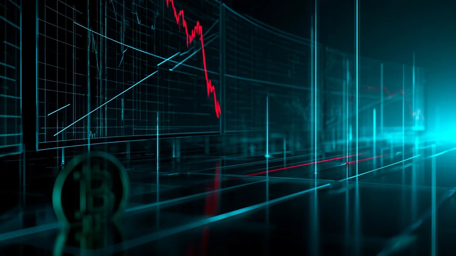 Bitcoin price chart breaking below two trend channels on a dark trading floor display