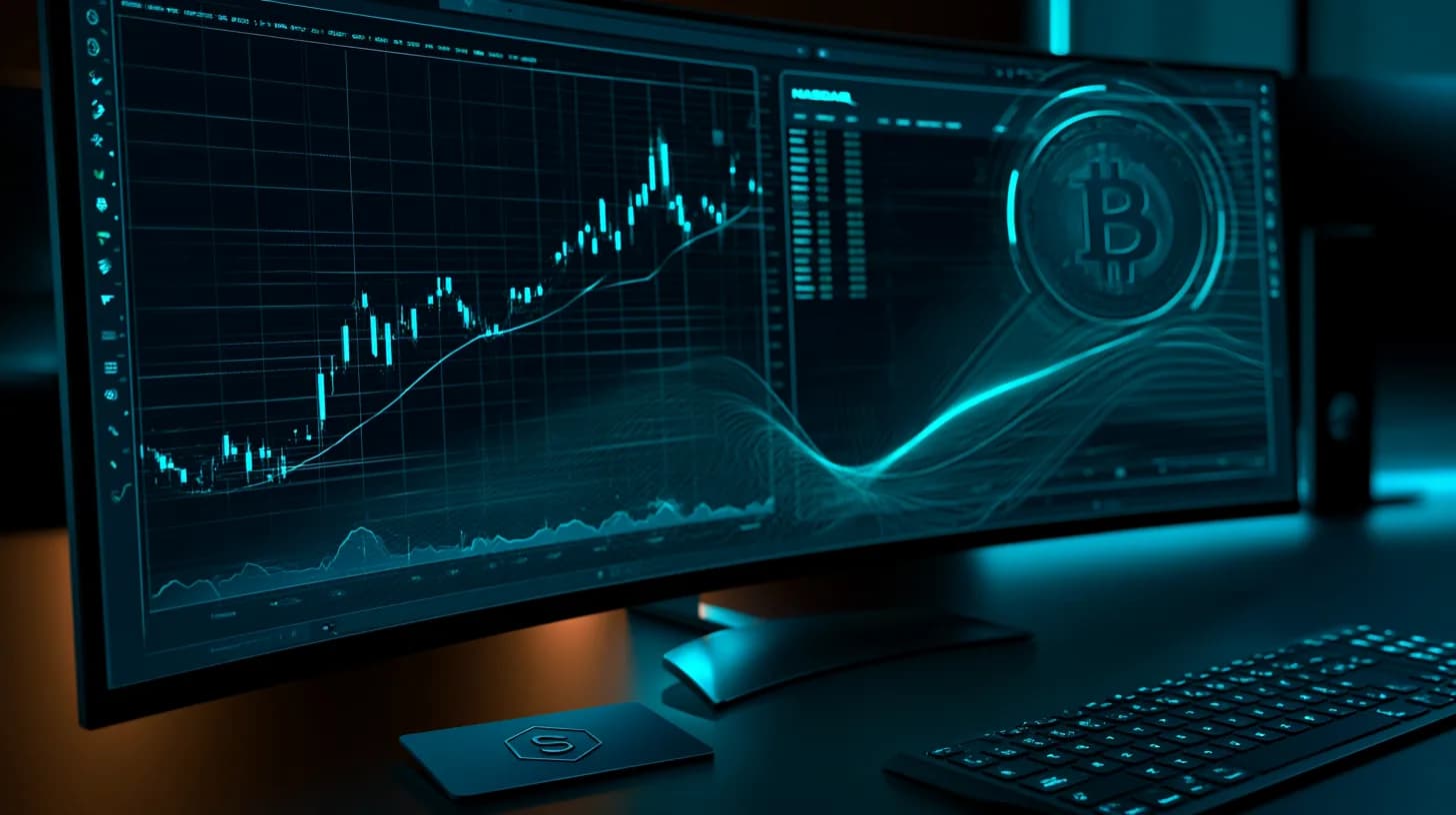 Trading desk monitor showing crypto chart merging into a US stock ticker beside a USDC card