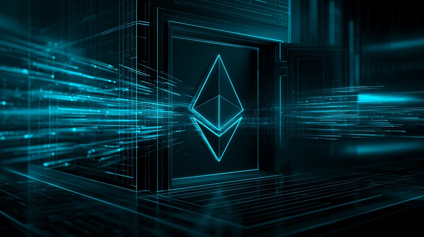 Vault door set into a glowing Ethereum logo as coins flow in but none flow out, illustrating locked staked ETH