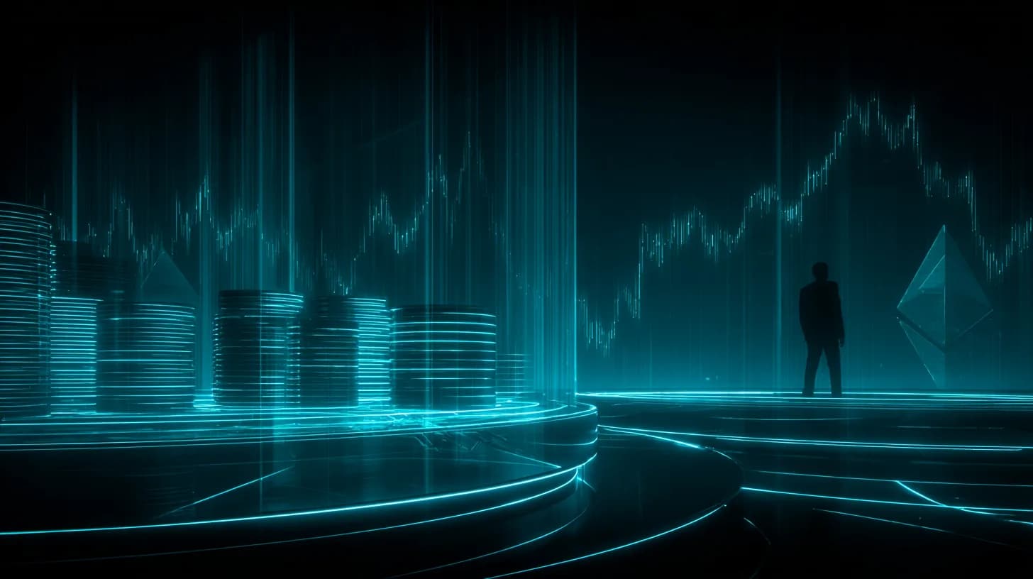 Silhouette of an executive overlooking a vault of stacked Ethereum coins with a glowing ETH price chart in the background.