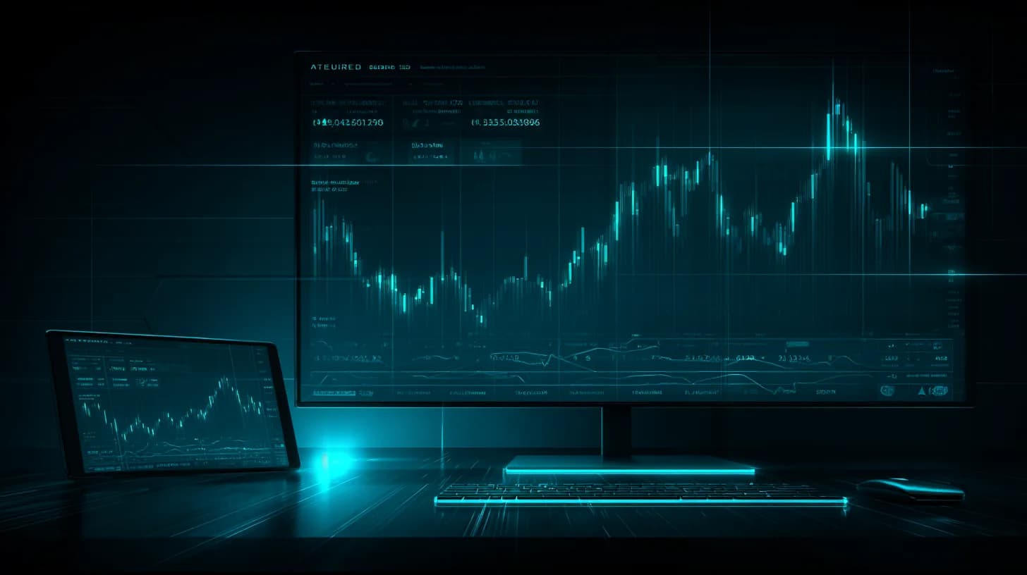 Trading floor monitor wall showing Ethereum ticker with rising volume bars beside a tablet displaying a corporate balance…