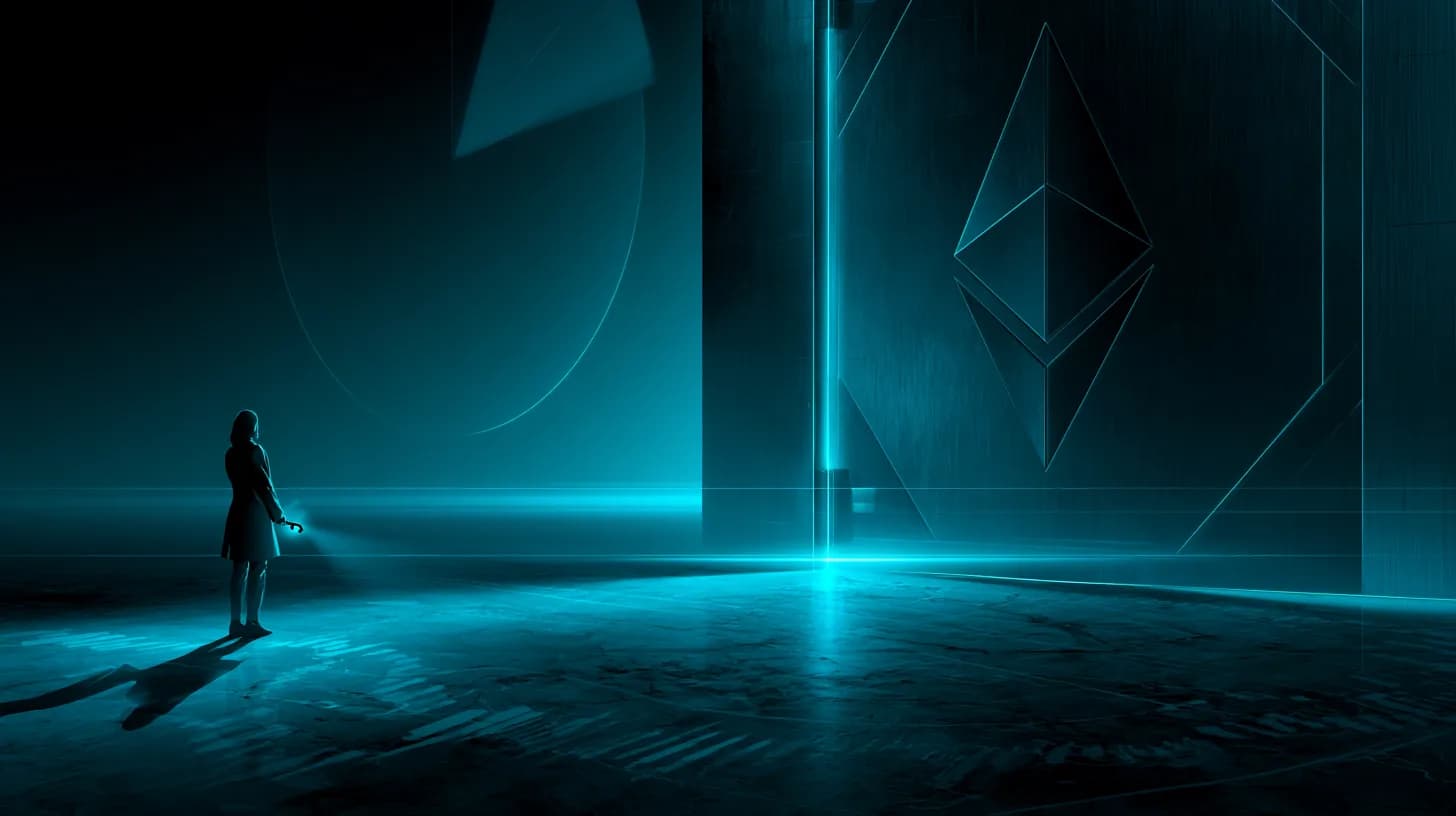 Oversized vault door with Ethereum diamond logo dominating a trading floor, lone figure holding a glowing key