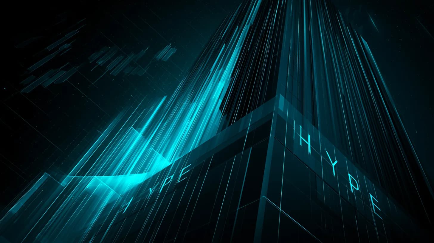 Stylized ETF ticker board showing HYPE symbol with on-chain data streams flowing into an exchange