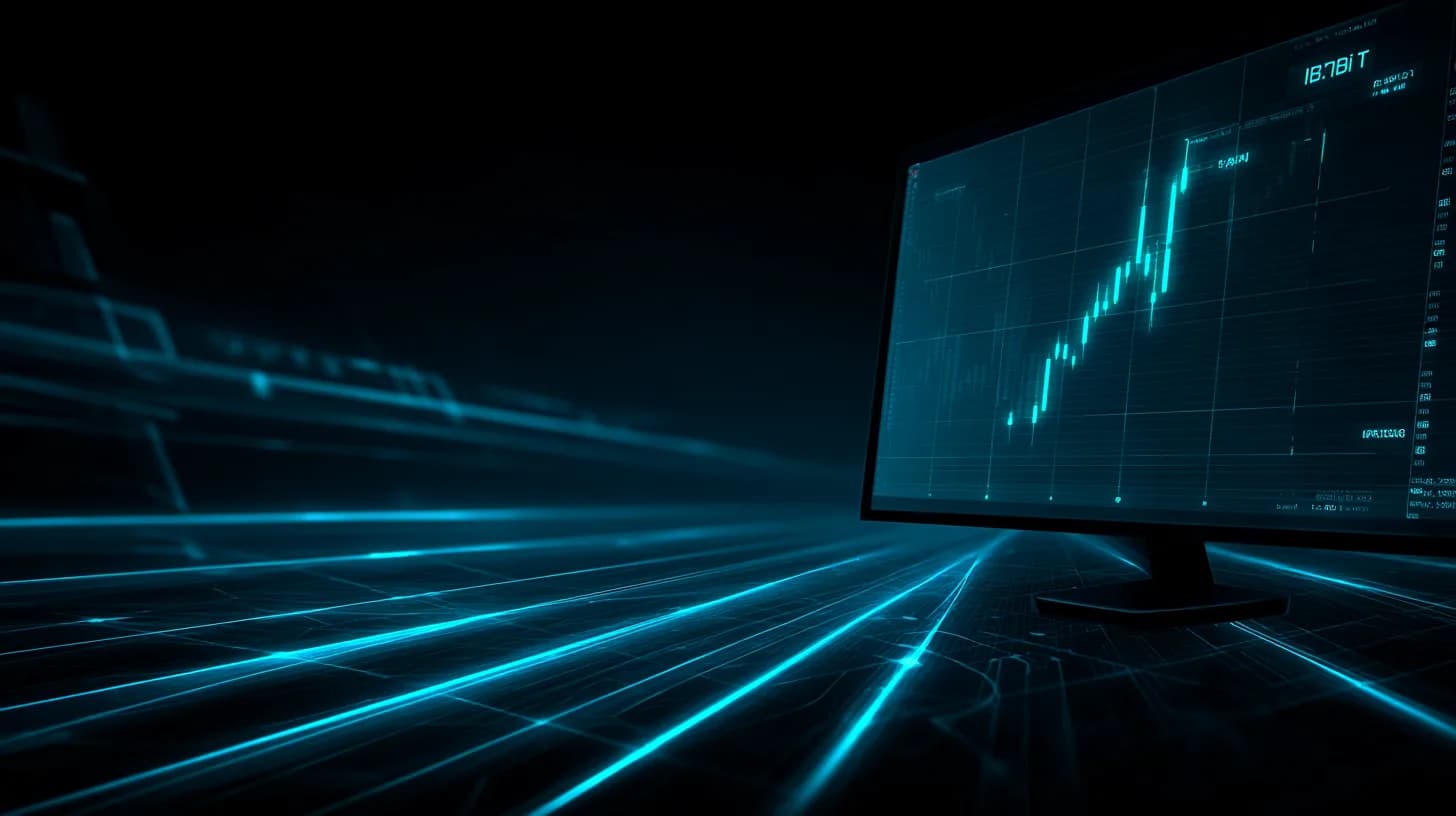 Trading floor monitor showing IBIT ticker with a sharp upward green flow column at dawn