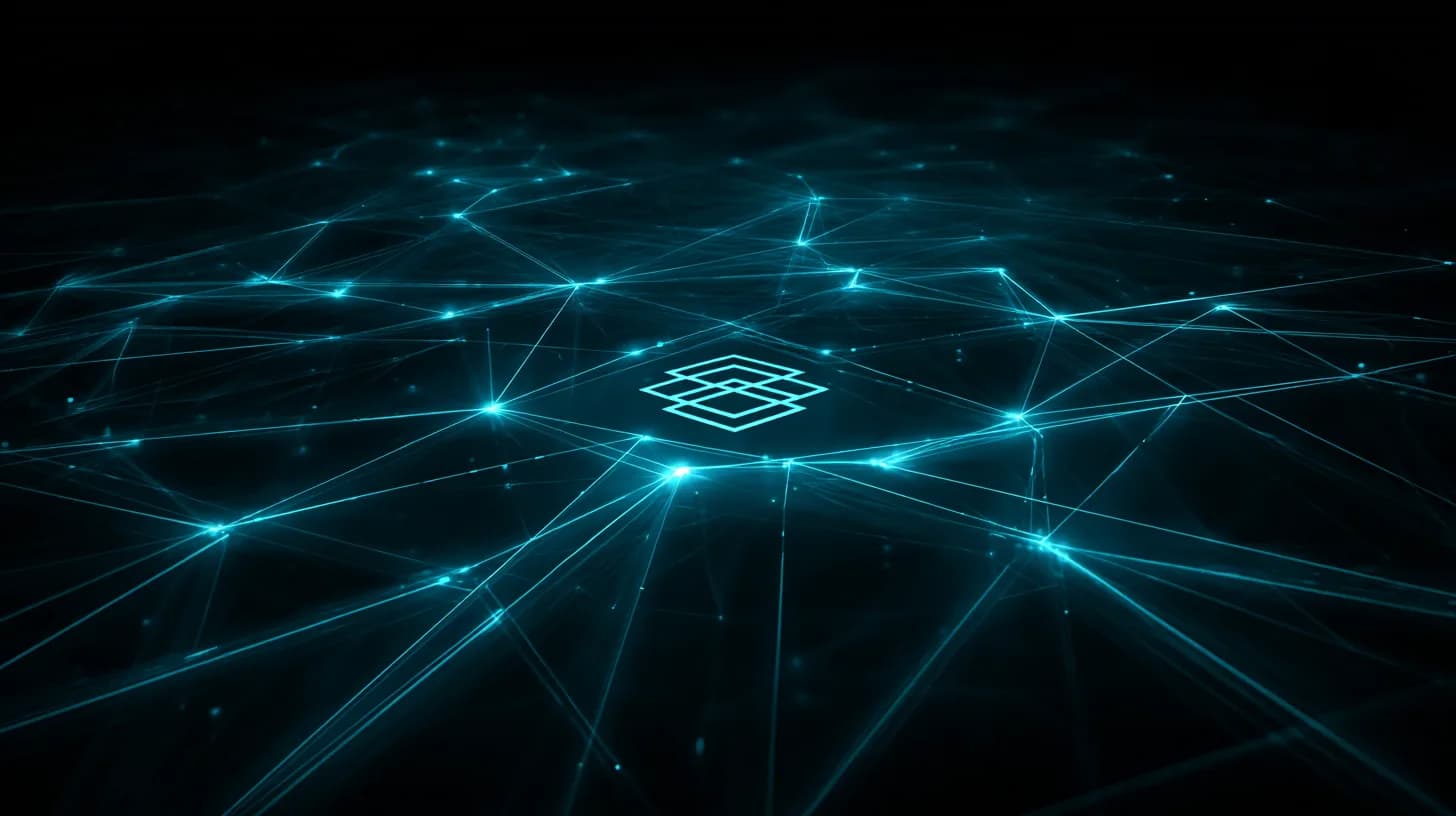 BNB token symbol surrounded by a network of AI agent nodes on a dark blockchain grid