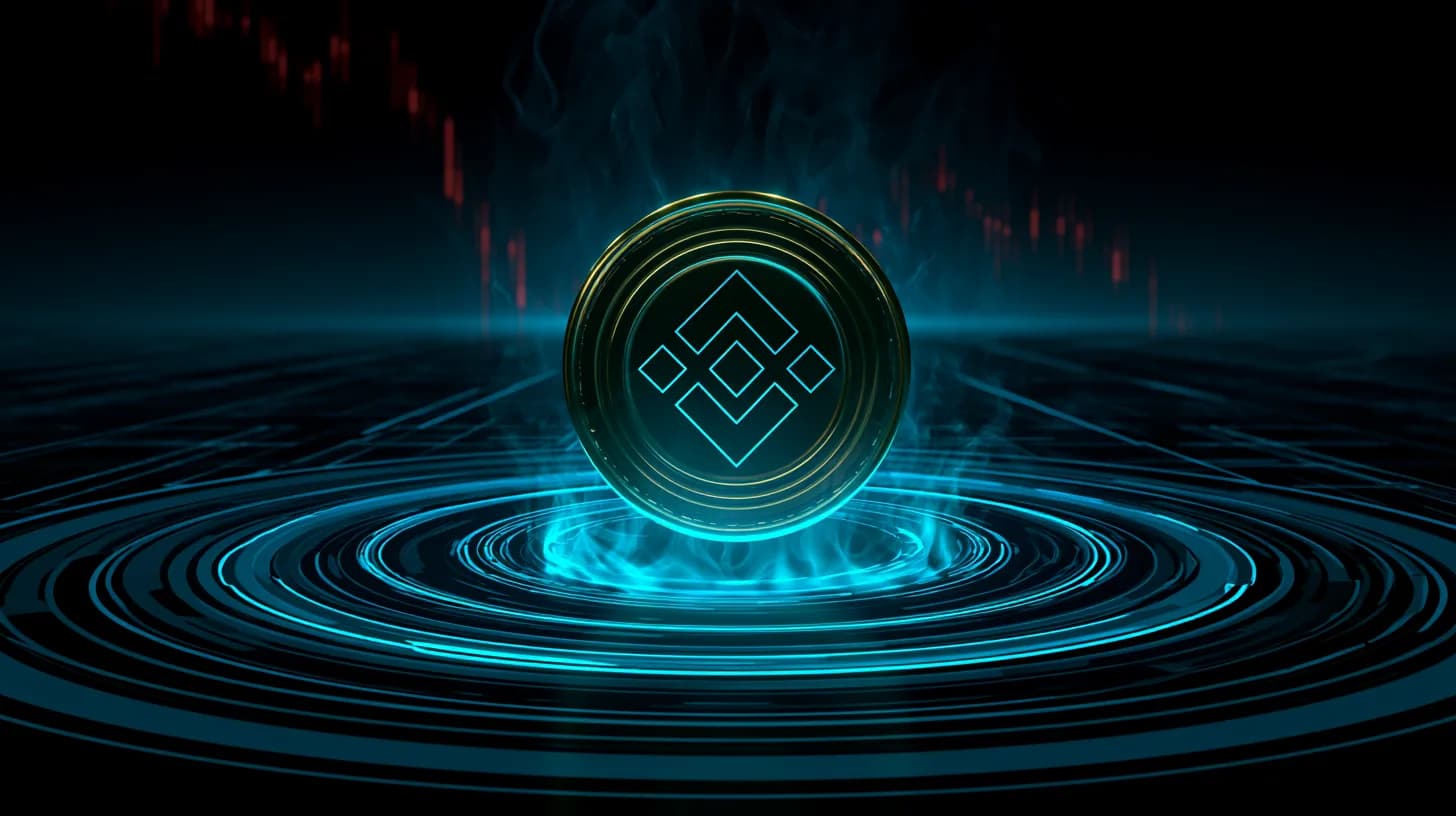 Gold BNB token in front of a stylized NYSE Arca trading floor with a red Bitcoin candlestick chart and faint burn flames at…