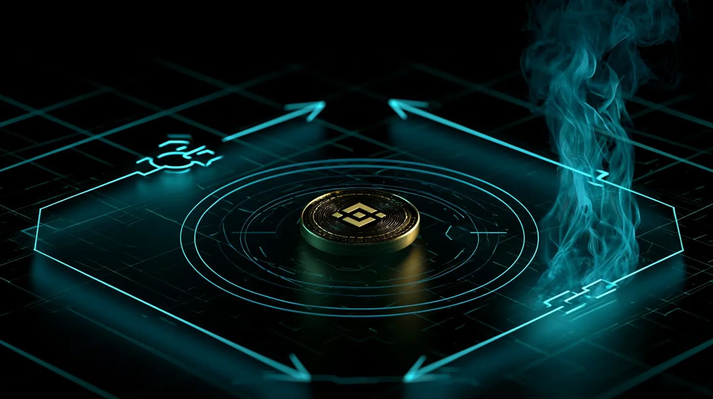 A BNB token between a 2x leveraged ETF symbol and a flame representing the quarterly burn, illustrating the two structural…