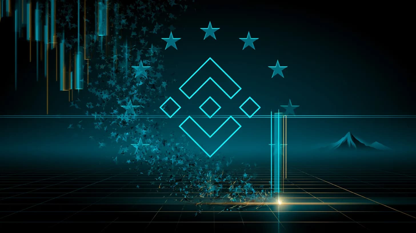 BNB logo over a breaking-down price chart with EU regulatory motifs and a distant Himalayan silhouette