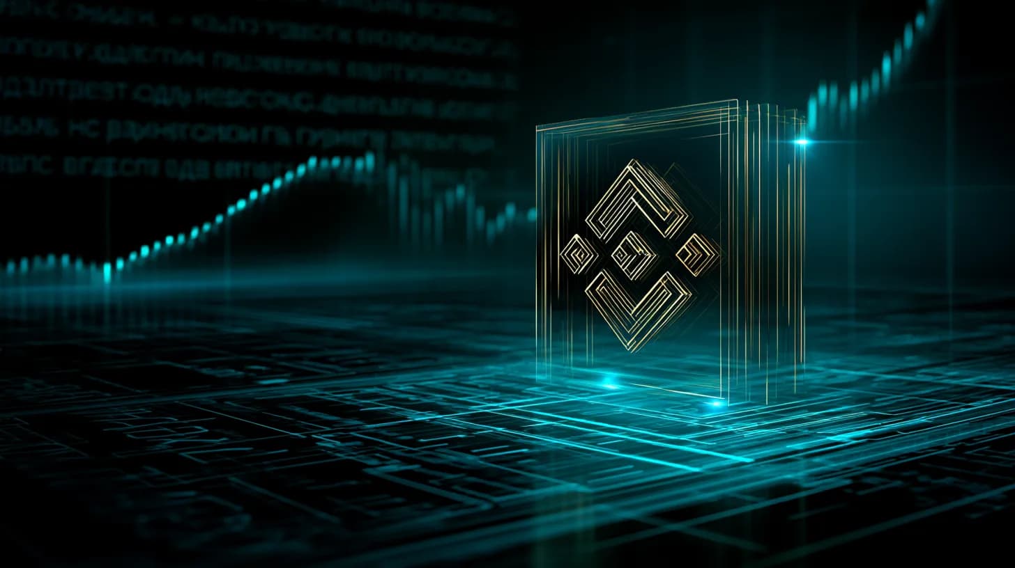 Glowing BNB token over a dark trading desk with Cyrillic ticker text and a candlestick chart in the background