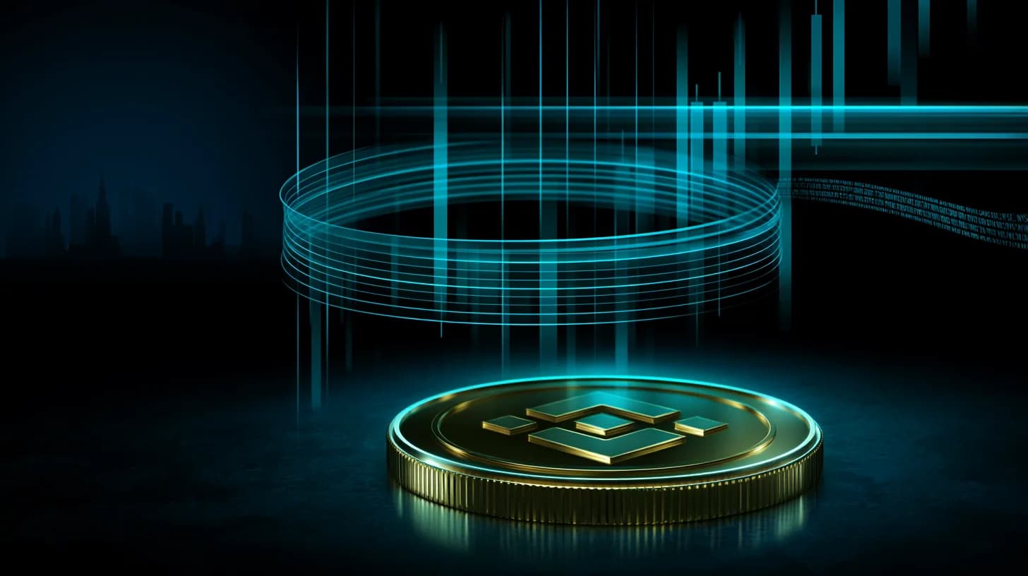 BNB token on a dark trading desk with range candles in the background and faint Moscow and NYSE motifs flanking it