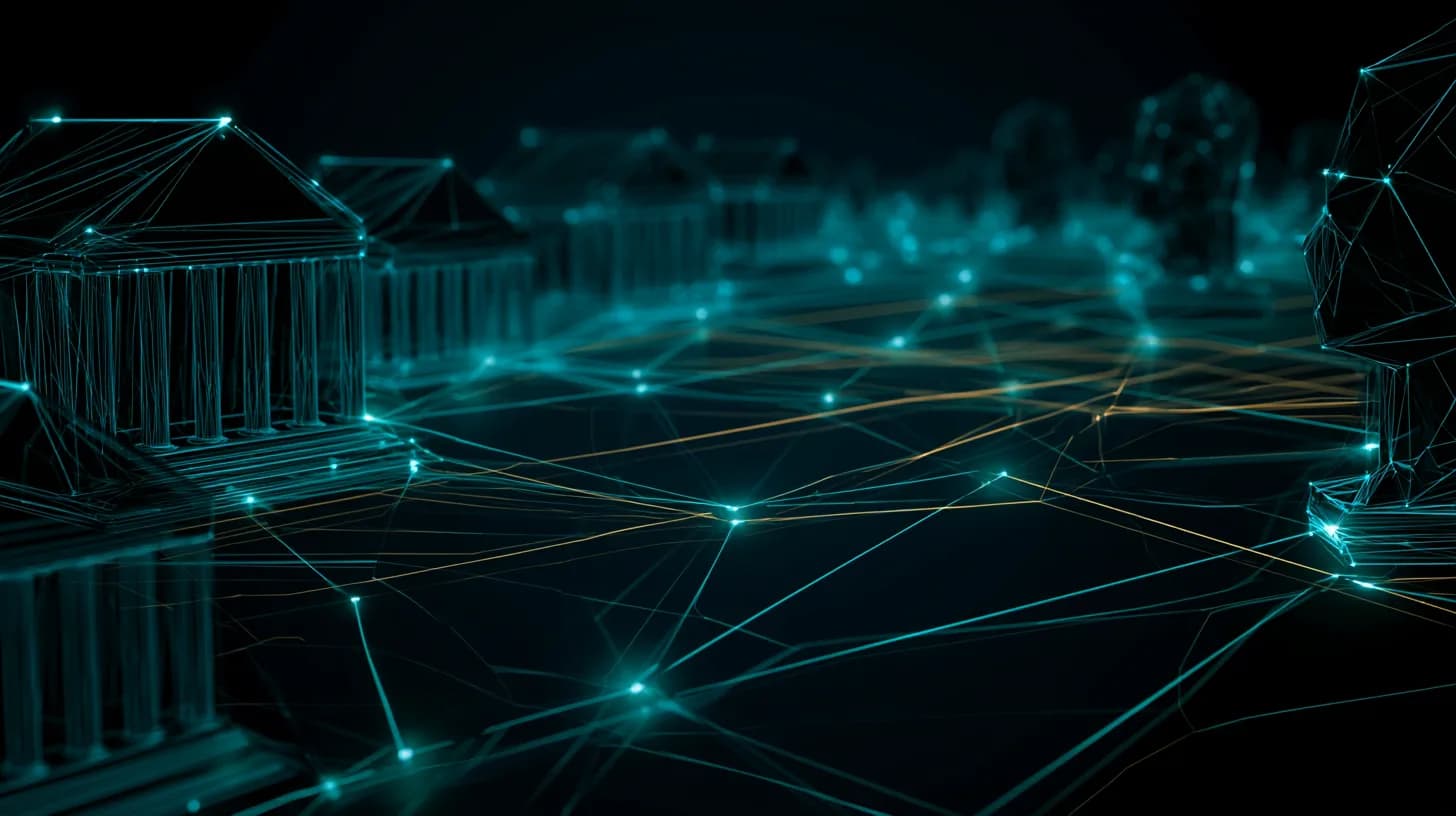 Illustration of an oracle network linking institutional buildings to AI agent silhouettes