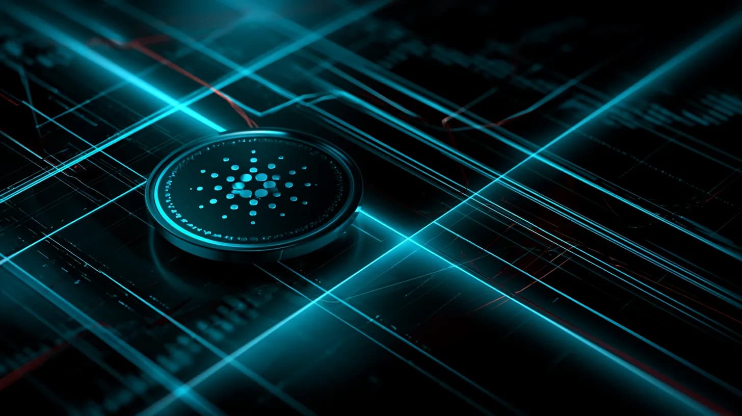Cardano ADA token at a chart crossroads with crossing moving averages and a tight consolidation range.