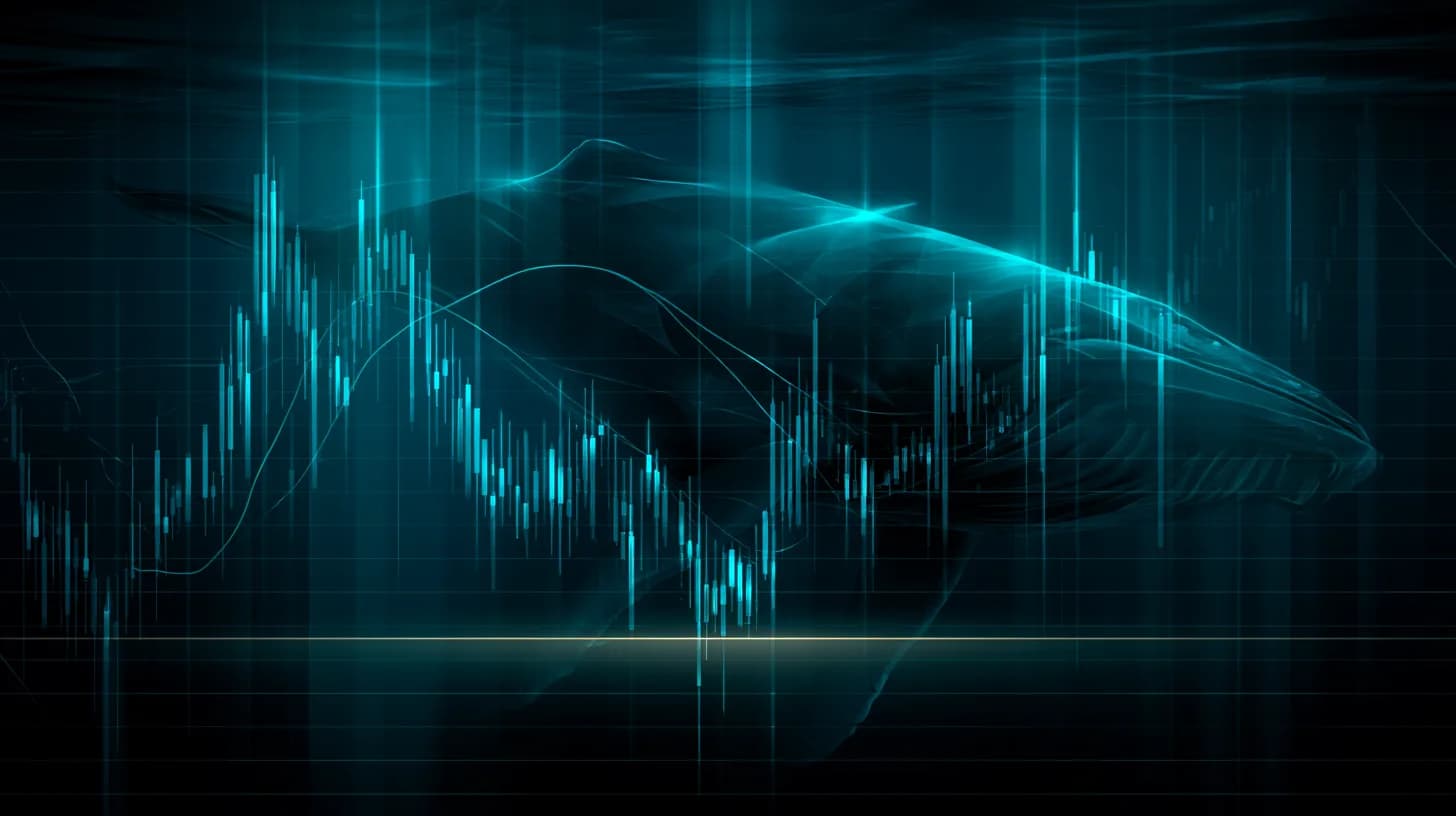 Stylised whale beneath a compressed ADA candlestick chart at $0.25 support with a death cross of moving averages overhead