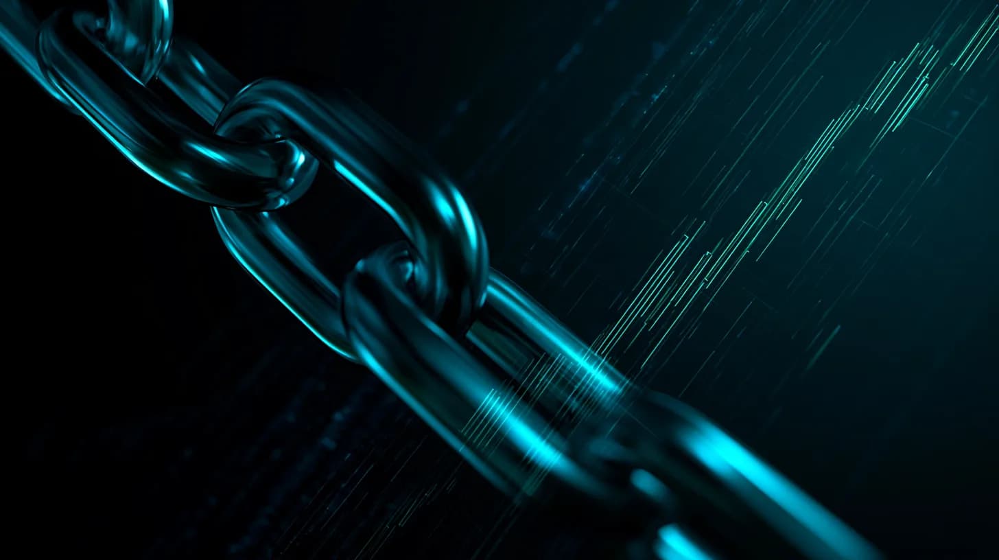 A metallic chain link motif rendered over an upward-trending candlestick chart, illustrating Chainlink's three-month price…