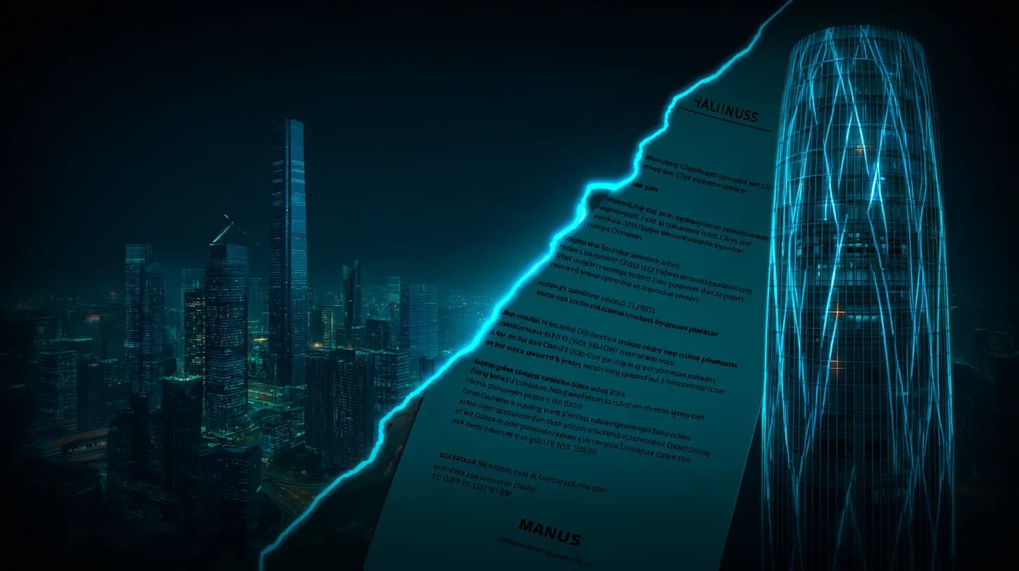 Split image of Beijing skyline and Silicon Valley tower with torn Manus deal document between them
