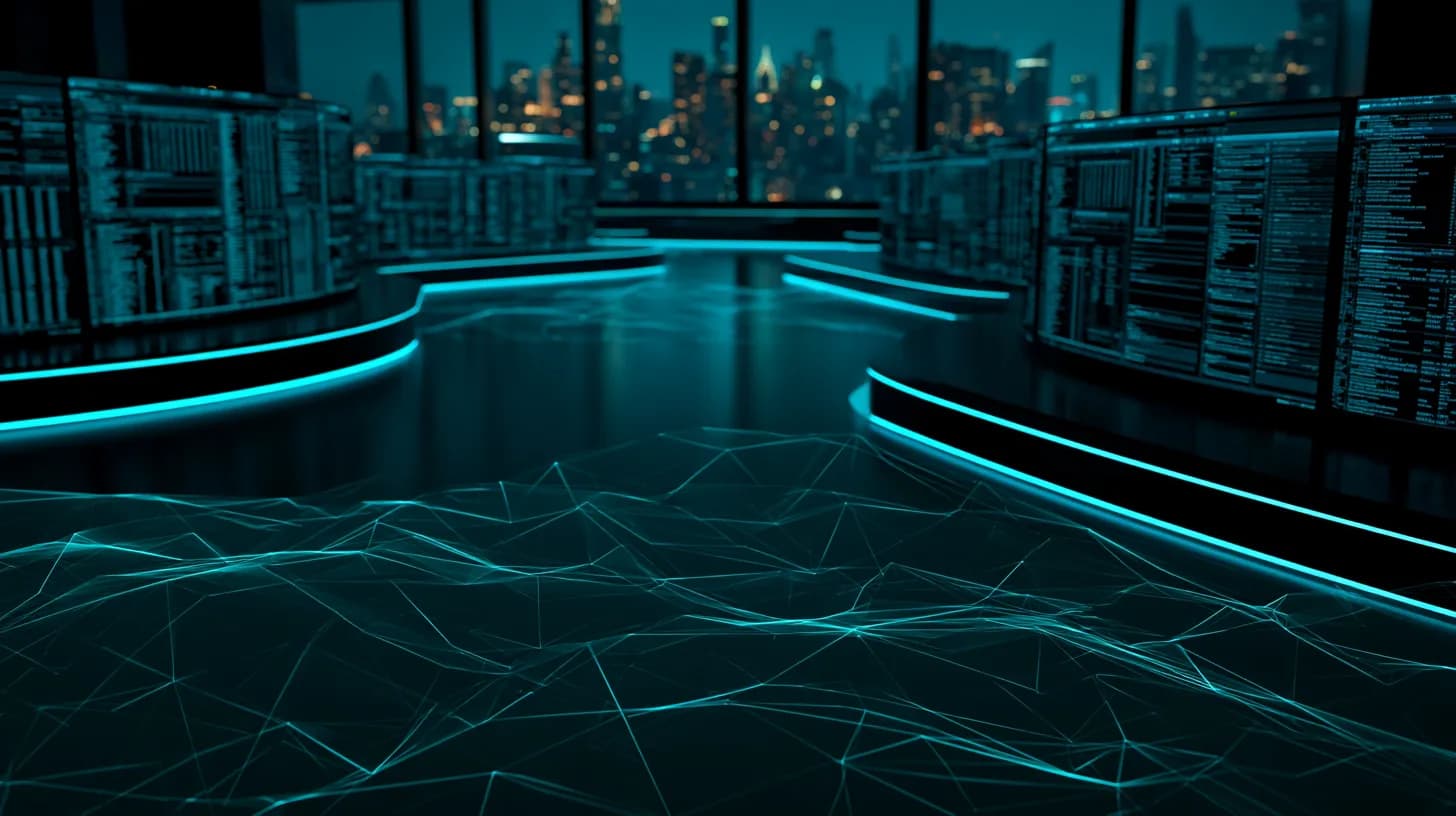 Hedge fund trading floor at dusk with monitors and a neural-network overlay on the Manhattan skyline