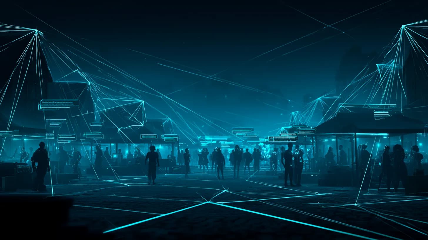 Neon fantasy MMORPG city at dusk with AI agents and human players together in a marketplace under cyan and pink light