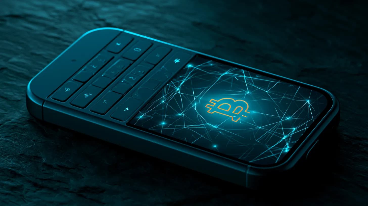 Bitcoin hardware wallet with bright glass display and tactile keypad on a dark slate surface