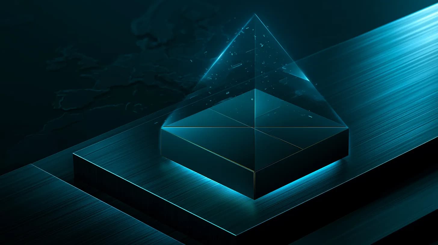 Hardware security module with holographic multi-sig key fragments above it, dark editorial lighting