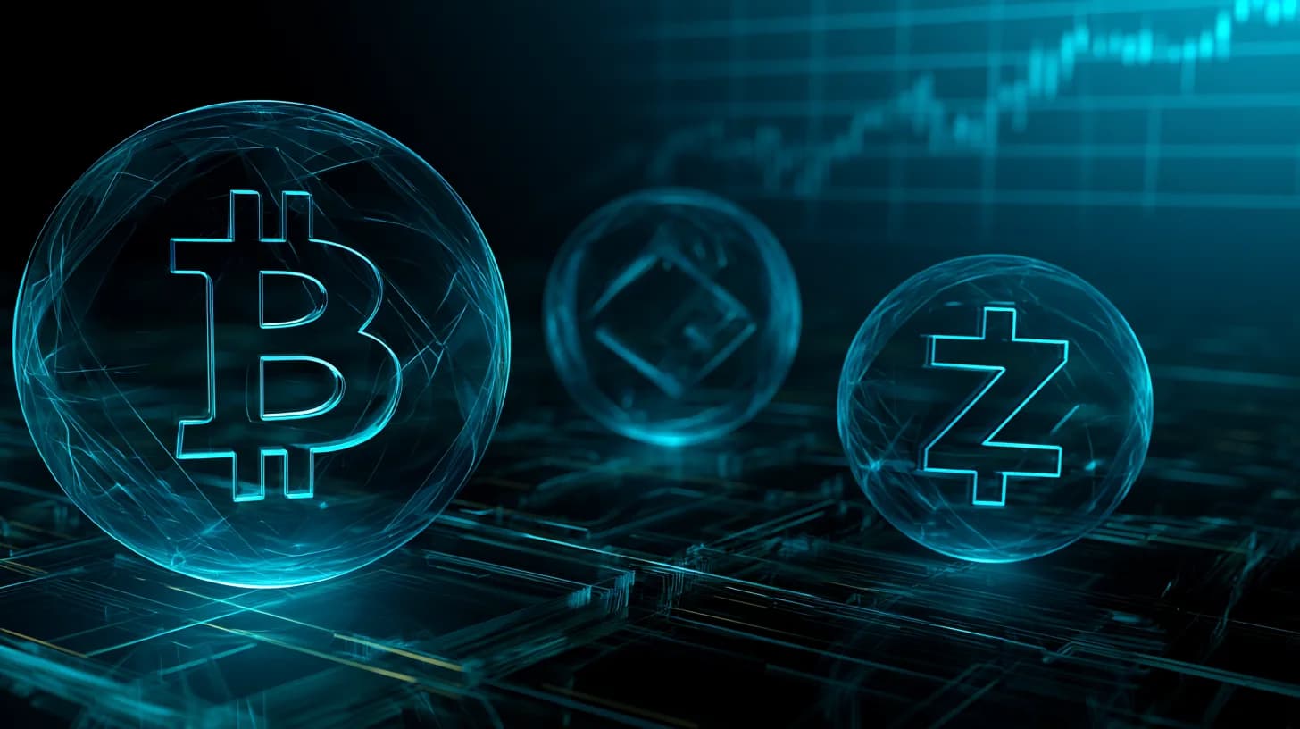 Glass Bitcoin and Zcash orbs glowing on a trading floor with a faint S&P 500 chart in the background
