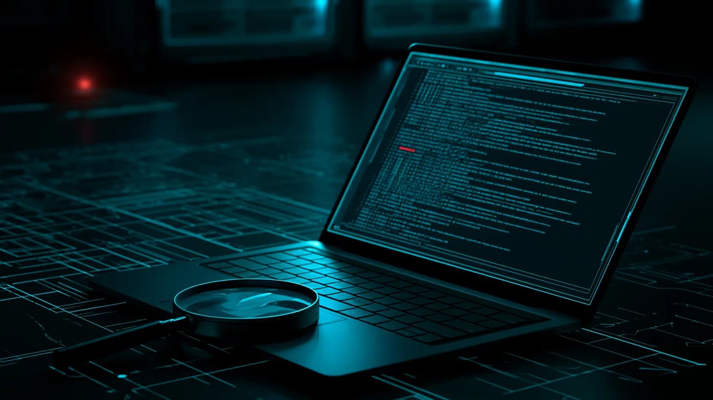 Magnifying glass over smart contract code in a dim server room, red warning light overhead