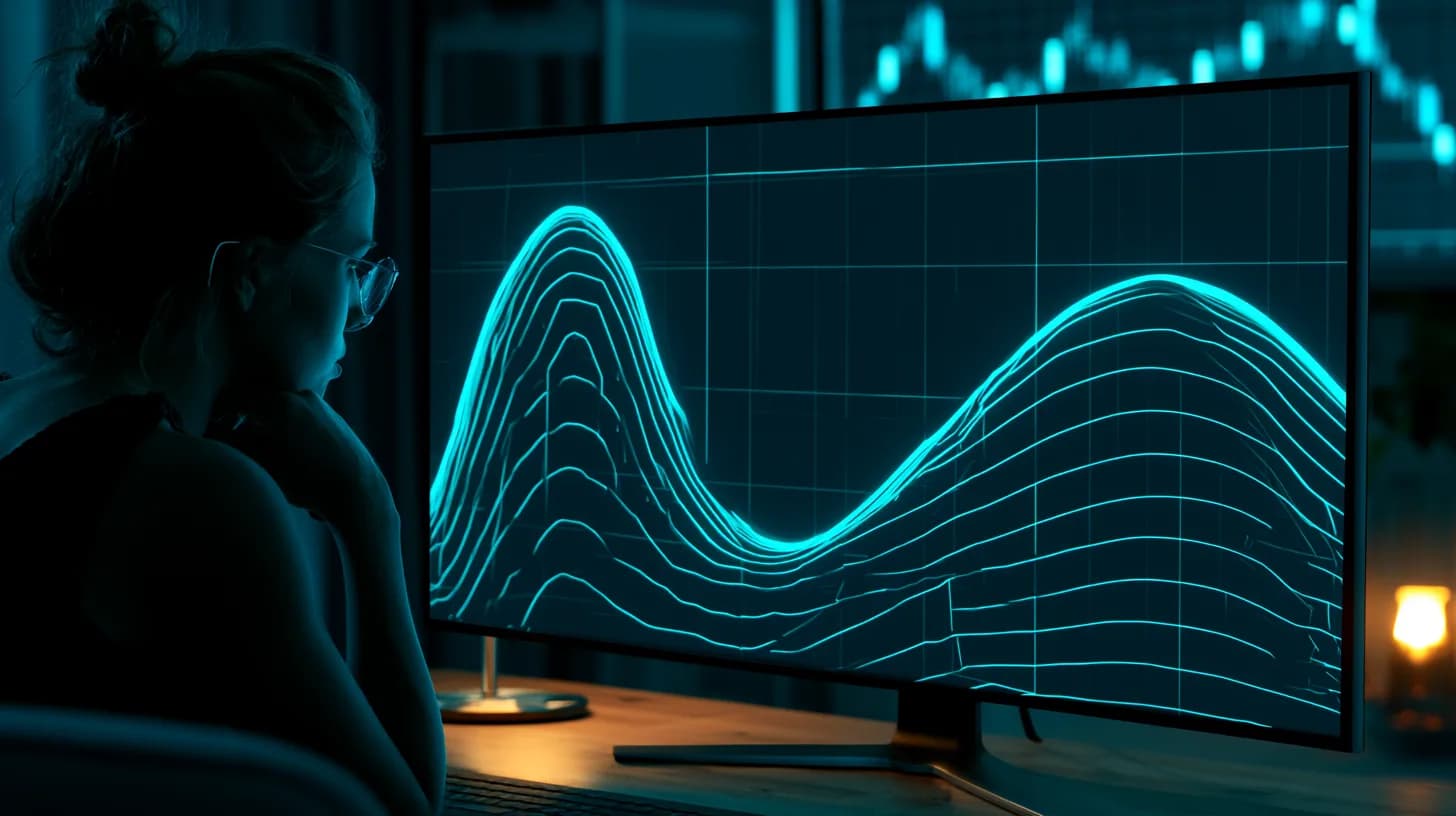 Empty creator desk with flat audience graph beside a Bitcoin price chart on monitor
