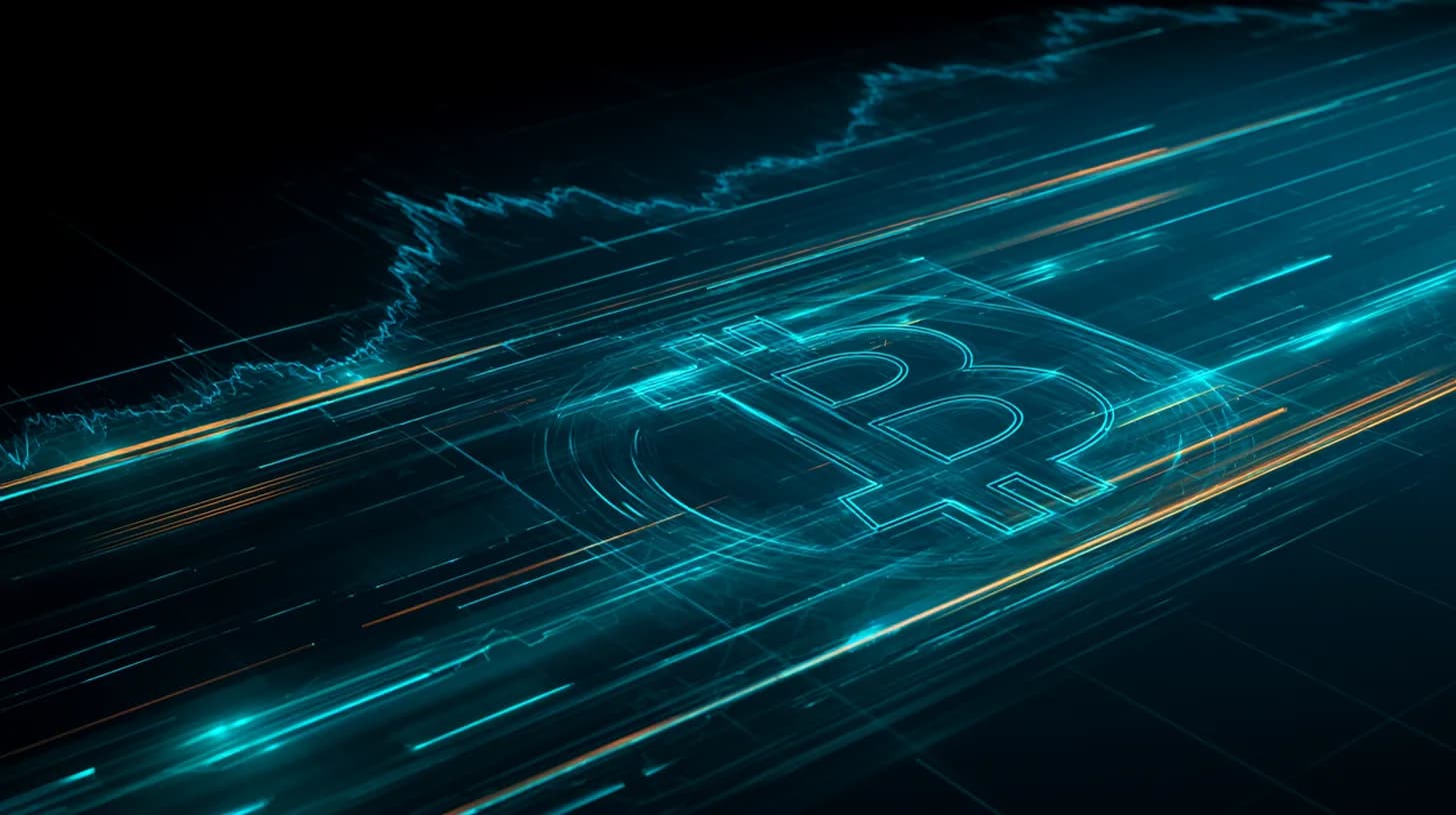 Bitcoin logo behind layered macro-narrative panels over a long-term price chart