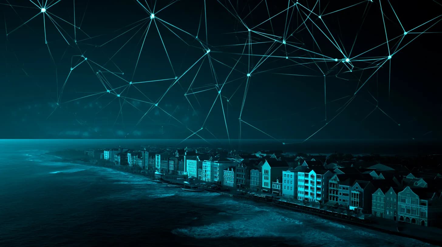Willemstad waterfront at golden hour with translucent stadium and blockchain node overlay in sky