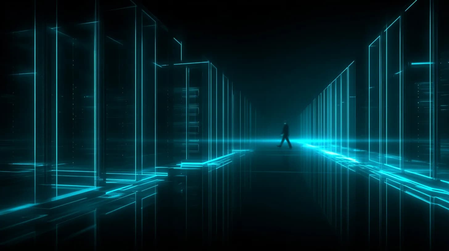 GPU server racks glowing in a dim data center aisle, evoking AI inference cost competition